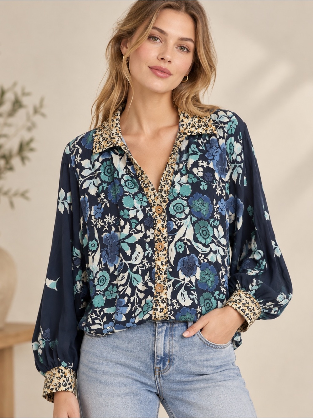 By Anthropologie Mixed Print Floral Leopard Button Front Blouse Size Medium